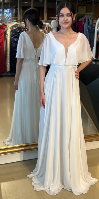 Beyaz V Yaka Tül Detaylı Uzun Abiye Elbise 95037 - abiyeniall