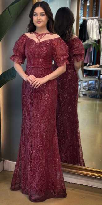  Bordo Balon Kollu Dantel Detaylı Düz Kesim Simli Uzun Abiye Elbise 7278 