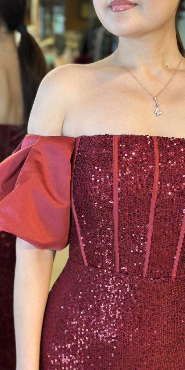 Bordo Balon Kollu Madonna Yaka Düz Kesim Payet Uzun Abiye Elbise 11033 - 4