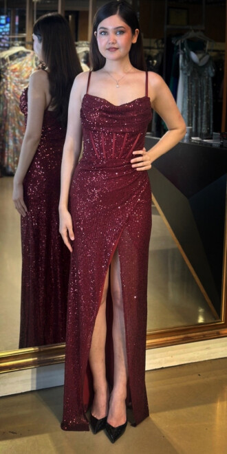 Bordo İp Askılı Degaje Yaka Yırtmaçlı Düz Kesim Payet Uzun Abiye Elbise 7711 - abiyeniall