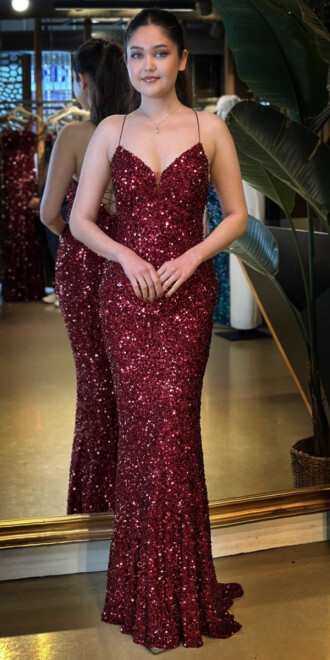 Bordo İp Askılı V Yaka Sırt Dekolteli Balık Etekli Pul Payet Uzun Abiye Elbise 7714 - abiyeniall