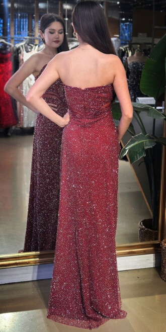 Bordo Straplez Yaka Bel Dekolteli Düz Kesim Taşlı Uzun Abiye Elbise 11156-01 - 5