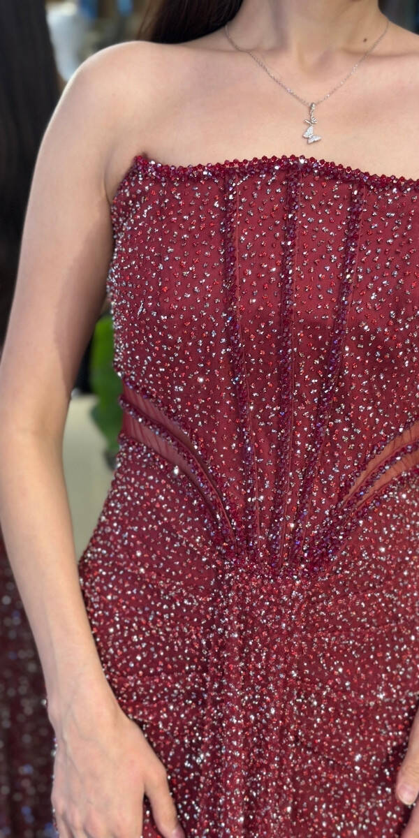 Bordo Straplez Yaka Bel Dekolteli Düz Kesim Taşlı Uzun Abiye Elbise 11156-01 - 4