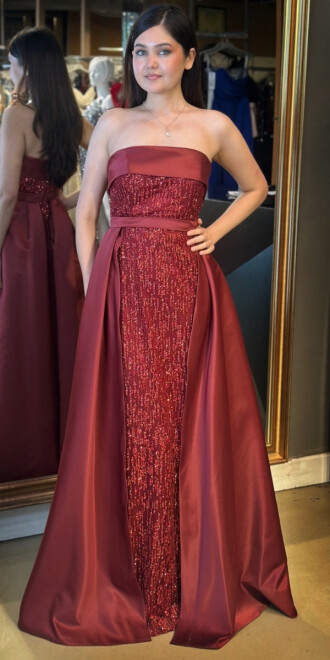 Bordo Straplez Yaka Çıkarılabilir Kuyruklu Düz Kesim Simli Uzun Abiye Elbise 7699 - abiyeniall