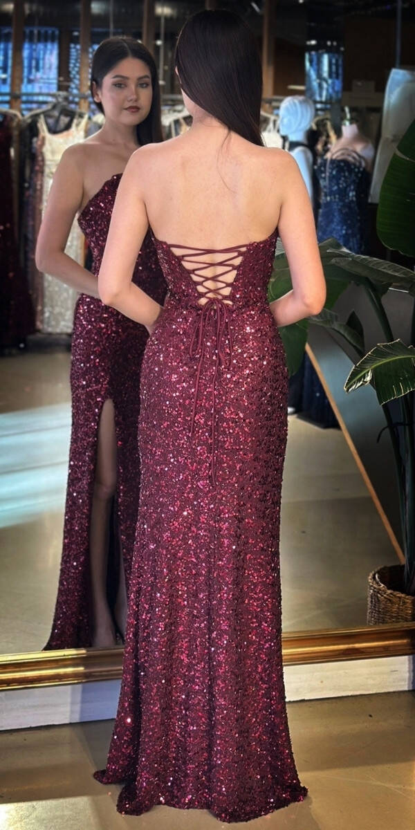 Bordo Straplez Yaka Sırt Dekolteli Yırtmaçlı Düz Kesim Payet Uzun Abiye Elbise 11093-07 - 5