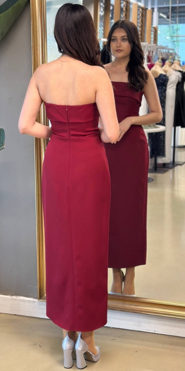 Bordo Yırtmaçlı Düz Kesim Krep Midi Abiye Elbise 7692 - 5