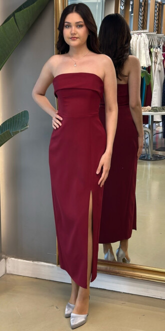 Bordo Yırtmaçlı Düz Kesim Krep Midi Abiye Elbise 7692 
