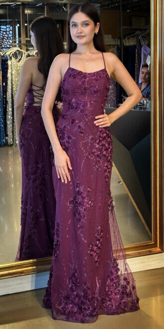 Damson İp Askılı Çiçek Detaylı Sırt Dekolteli Düz Kesim Tül Uzun Abiye Elbise 11060 - abiyeniall