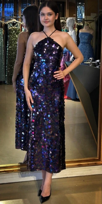 Damson Stefanel Yaka Sırt Dekolteli Yırtmaçlı Düz Kesim Payet Midi Abiye Elbise 11042 - abiyeniall