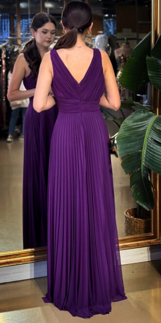 Damson V Yaka Kalın Askı Kloş Etekli Şifon Uzun Abiye Elbise 11098-08 - 5