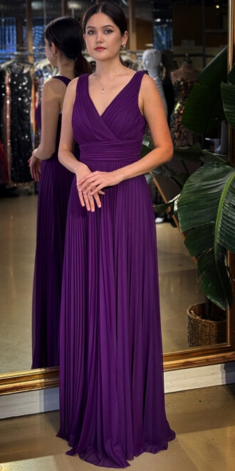 Damson V Yaka Kalın Askı Kloş Etekli Şifon Uzun Abiye Elbise 11098-08 - 2