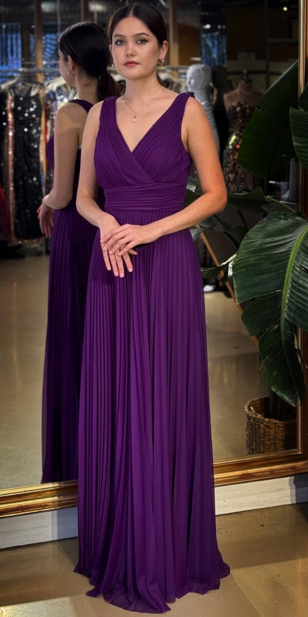 Damson V Yaka Kalın Askı Kloş Etekli Şifon Uzun Abiye Elbise 11098-08 - 2