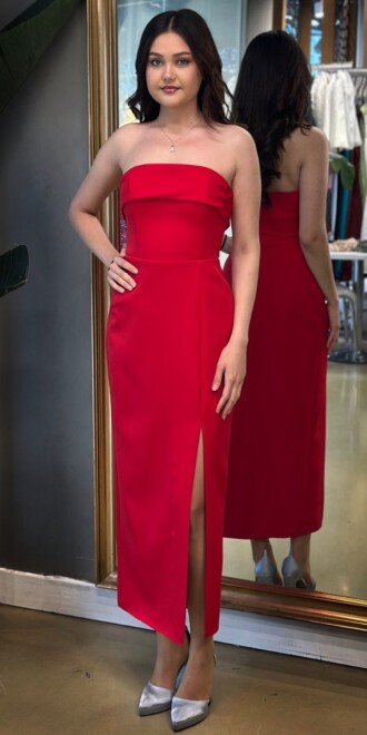 Rotes Trägerloses Gerade Geschnittenes Midi-Abendkleid Aus Crêpe Mit Schlitz Und Ausschnitt 7692 