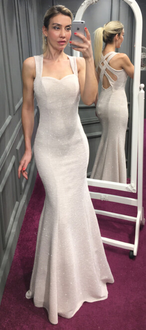 Beige Low-Cut Back Mermaid Skirt Glitter Long Evening Dress 6030 - 1