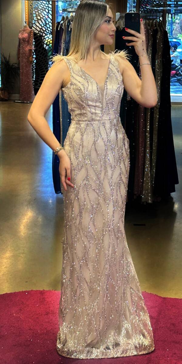 Beige Thick Strap Feather Detailed Straight Cut Glitter Long Evening Dress 7530 - 1