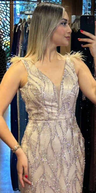Beige Thick Strap Feather Detailed Straight Cut Glitter Long Evening Dress 7530 - 2