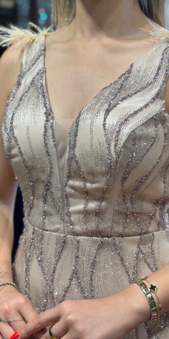 Beige Thick Strap Feather Detailed Straight Cut Glitter Long Evening Dress 7530 - 3