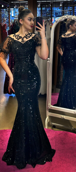 Black Balloon Sleeve Lace Detailed Mermaid Skirt Velvet Sequin Long Evening Dress 7462 
