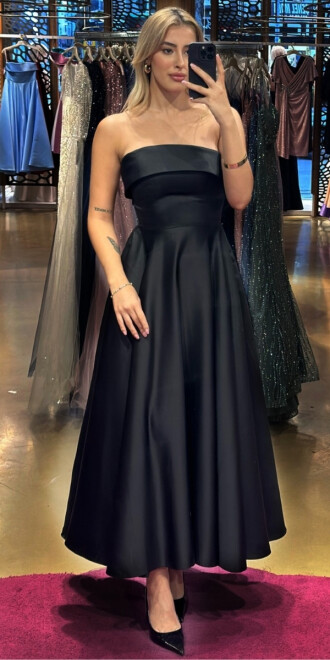 Black Flared Skirt Satin Midi Evening Dress 7647 
