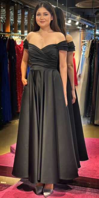 Black Flared Skirt Satin Midi Evening Dress 7672 
