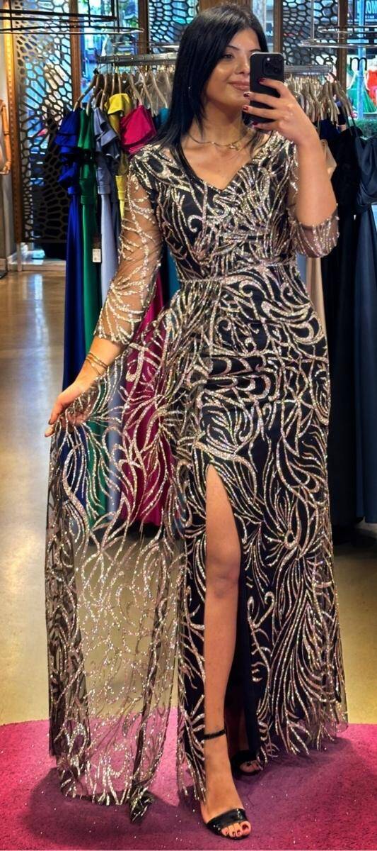 Black Gold Long Sleeve Slit Straight Cut Glitter Long Evening Dress 7582 - 1