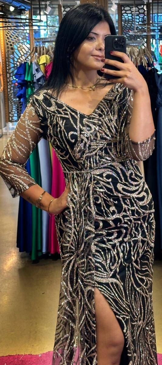 Black Gold Long Sleeve Slit Straight Cut Glitter Long Evening Dress 7582 - 2