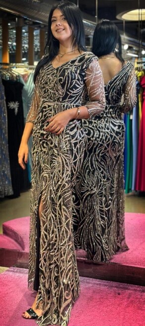 Black Gold Long Sleeve Slit Straight Cut Glitter Long Evening Dress 7582 - 3