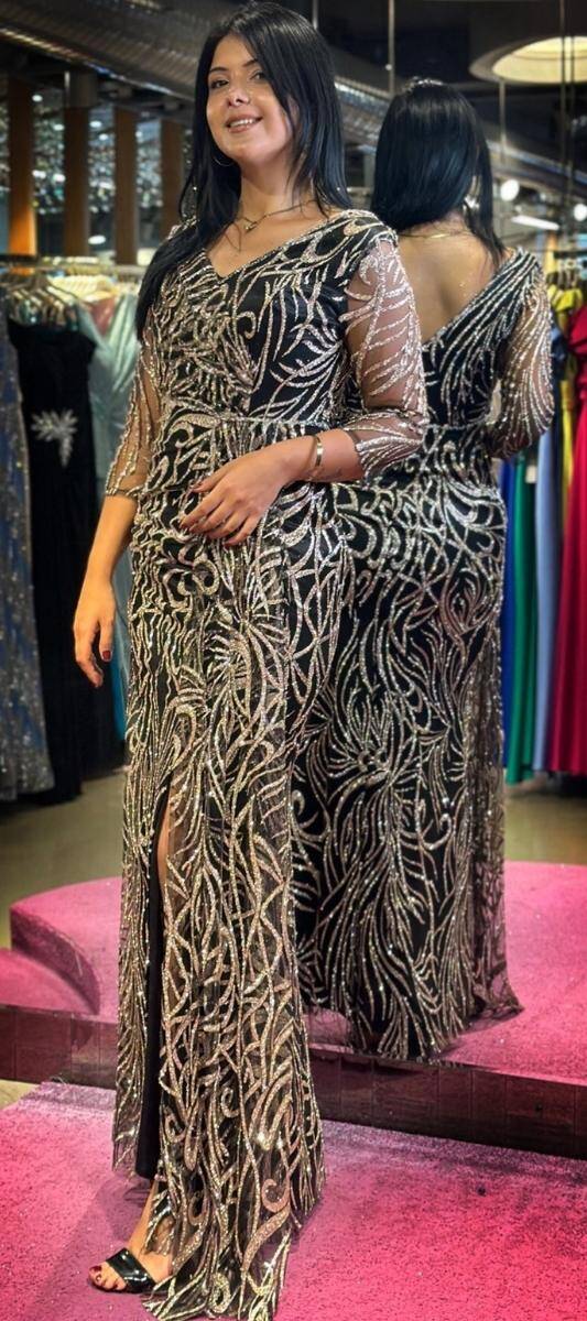 Black Gold Long Sleeve Slit Straight Cut Glitter Long Evening Dress 7582 - 3