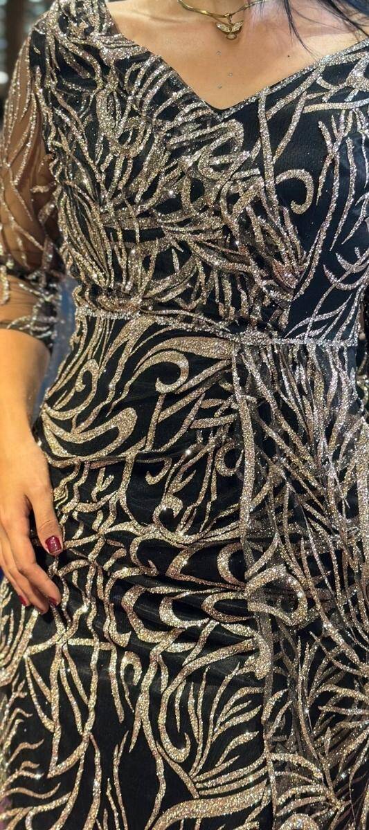 Black Gold Long Sleeve Slit Straight Cut Glitter Long Evening Dress 7582 - 4
