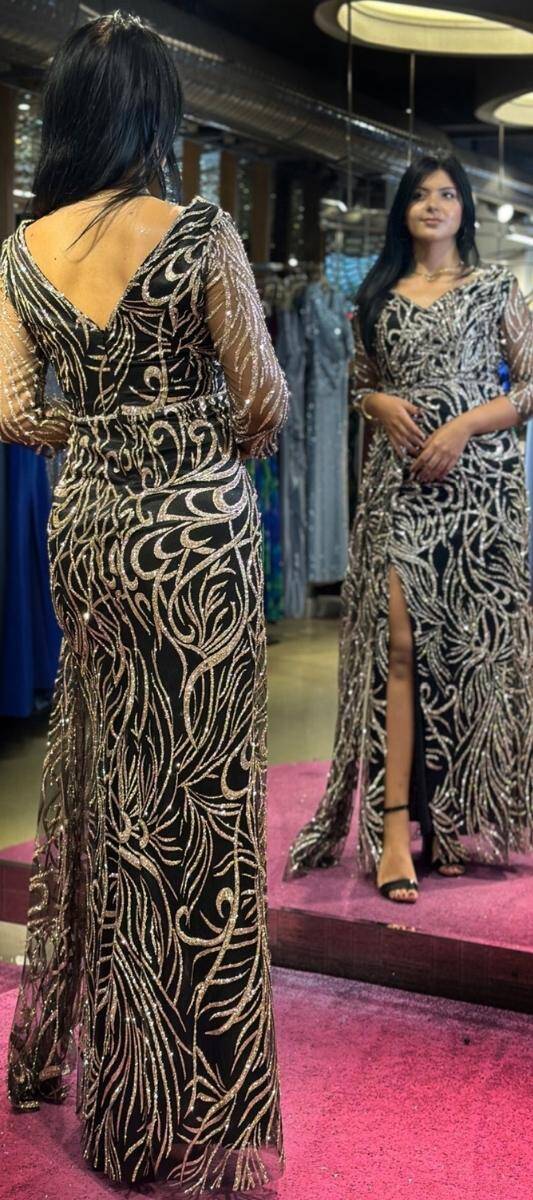 Black Gold Long Sleeve Slit Straight Cut Glitter Long Evening Dress 7582 - 5