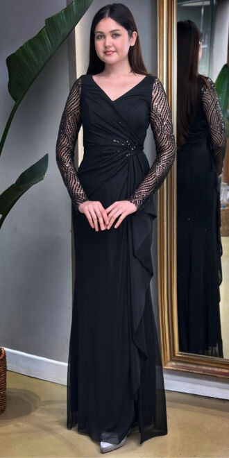 Black Long Sleeve Beaded Slit Straight Cut Lycra Long Evening Dress 7674 