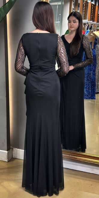 Black Long Sleeve Beaded Slit Straight Cut Lycra Long Evening Dress 7674 - 5