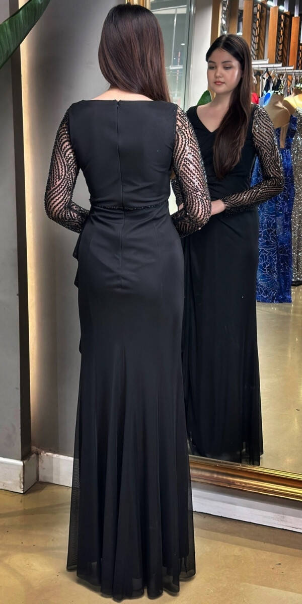 Black Long Sleeve Beaded Slit Straight Cut Lycra Long Evening Dress 7674 - 5