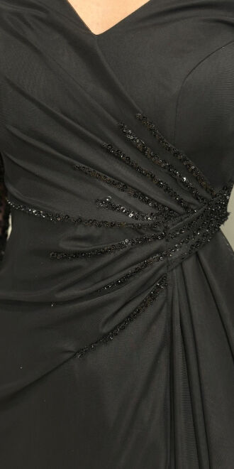 Black Long Sleeve Beaded Slit Straight Cut Lycra Long Evening Dress 7674 - 4