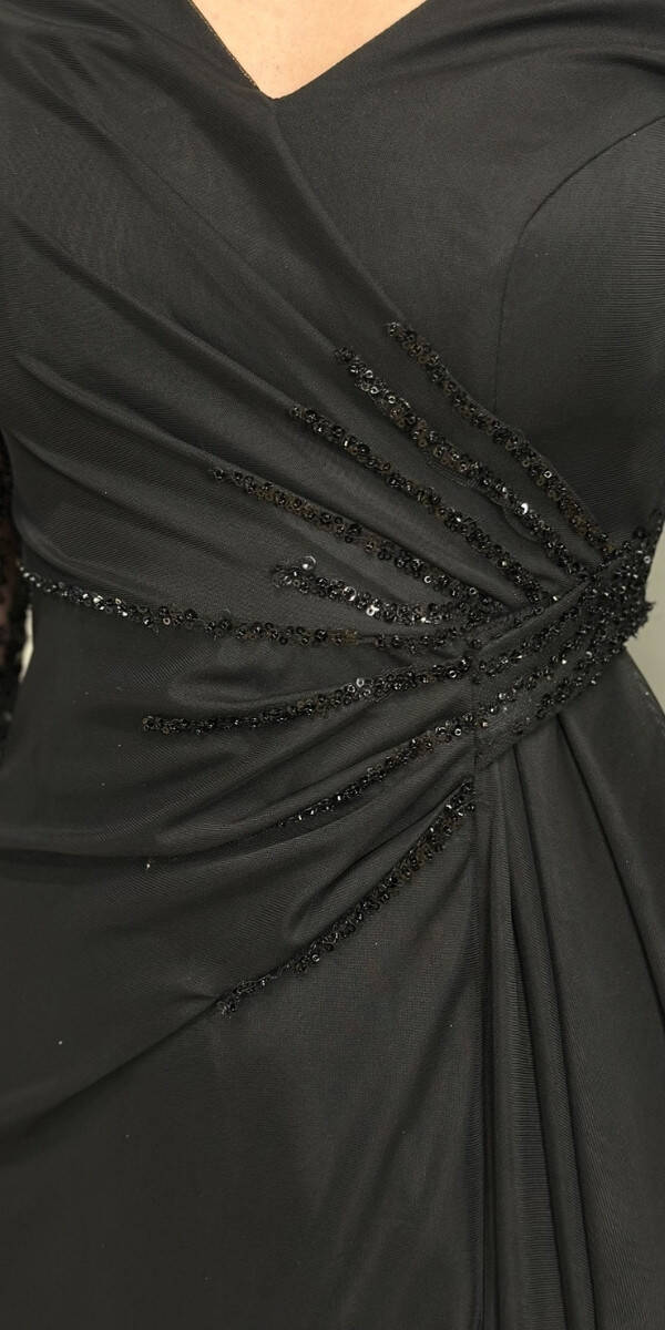 Black Long Sleeve Beaded Slit Straight Cut Lycra Long Evening Dress 7674 - 4