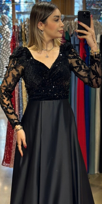 Black Long Sleeve Flared Skirt Satin Long Evening Dress 7559 - 2