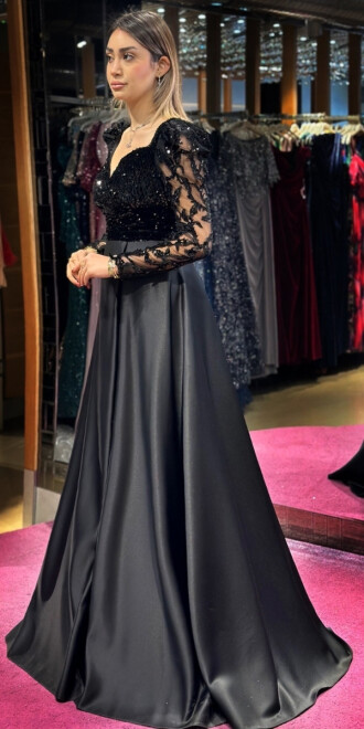Black Long Sleeve Flared Skirt Satin Long Evening Dress 7559 - 3