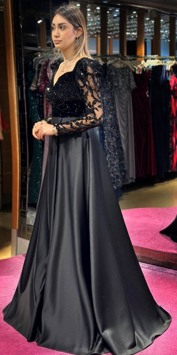 Black Long Sleeve Flared Skirt Satin Long Evening Dress 7559 - 3