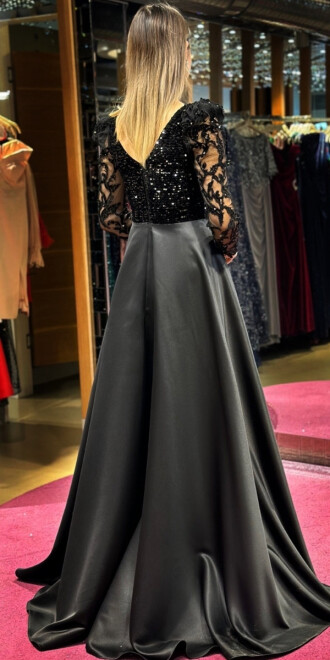 Black Long Sleeve Flared Skirt Satin Long Evening Dress 7559 - 5