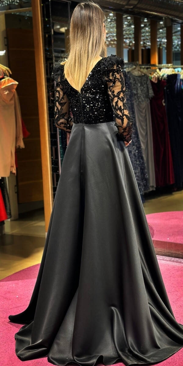 Black Long Sleeve Flared Skirt Satin Long Evening Dress 7559 - 5