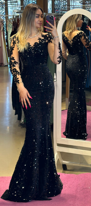 Black Long Sleeve Mermaid Skirt Velvet Sequin Long Evening Dress 7192 