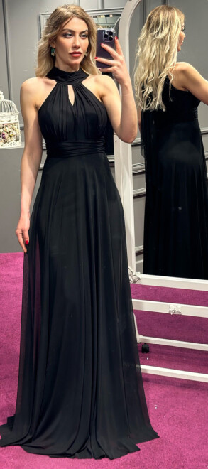 Black Low-Cut Back Flared Skirt Tulle Long Evening Dress 6034 