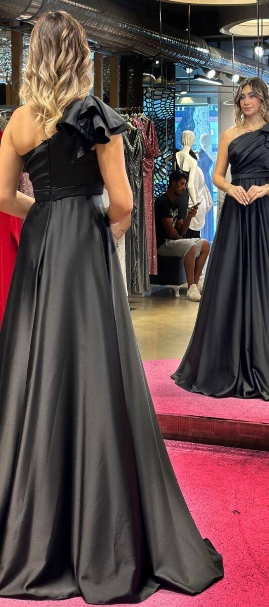 Black One Shoulder Flared Skirt Satin Long Evening Dress 7501 - 5