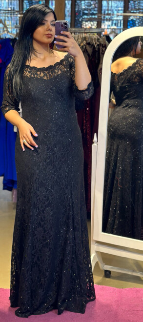 Black Short Sleeve Lace Detailed Straight Cut Glitter Fabric Long Evening Dress 6032 