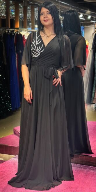 Black Short Sleeve Stone Detailed Flared Skirt Tulle Long Evening Dress 7663 