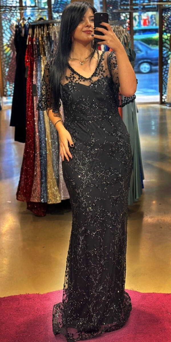 Black Short Sleeve Straight Cut Glitter Long Evening Dress 6779 - 1