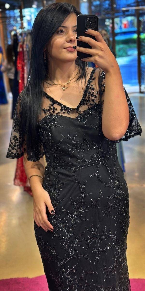 Black Short Sleeve Straight Cut Glitter Long Evening Dress 6779 - 2