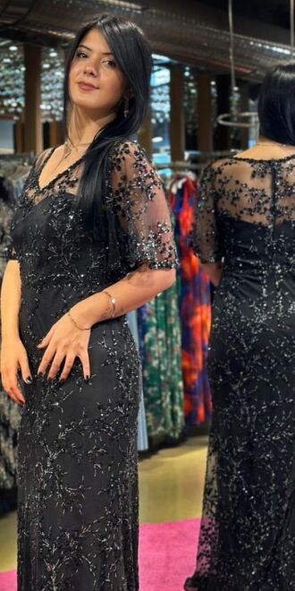 Black Short Sleeve Straight Cut Glitter Long Evening Dress 6779 - 3