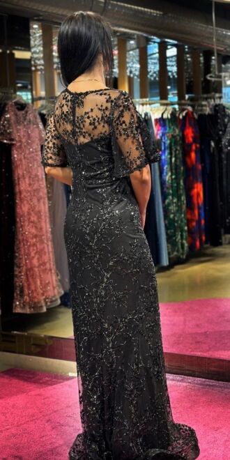 Black Short Sleeve Straight Cut Glitter Long Evening Dress 6779 - 5