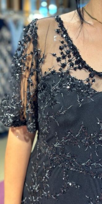 Black Short Sleeve Straight Cut Glitter Long Evening Dress 6779 - 4